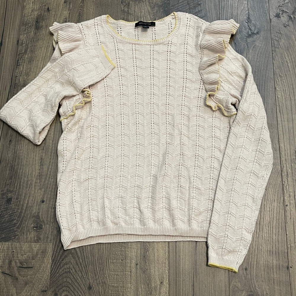 Ann Taylor Cream Pointelle Ruffle Shoulder Sweater Yellow Trim Large SP21 556534